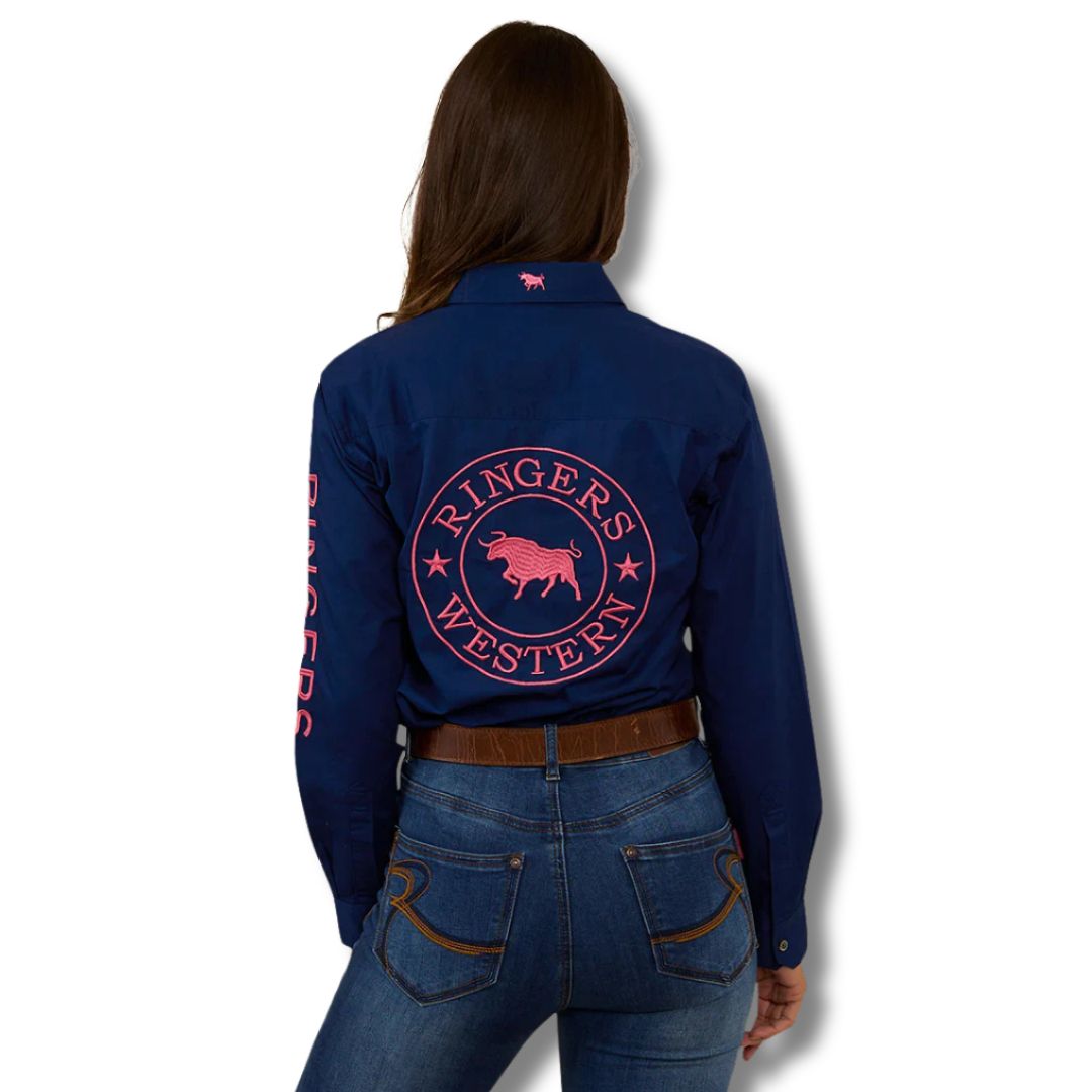 Signature Jillaroo Womens Full Button Work Shirt - Navy / Melon